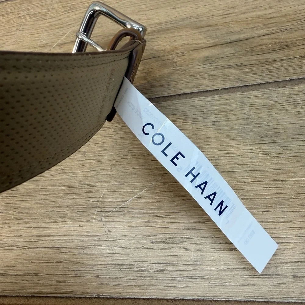 Cole Haan Leather Dress Belt Mens 44 Brown Detail Stitched Edge Silver Buckle